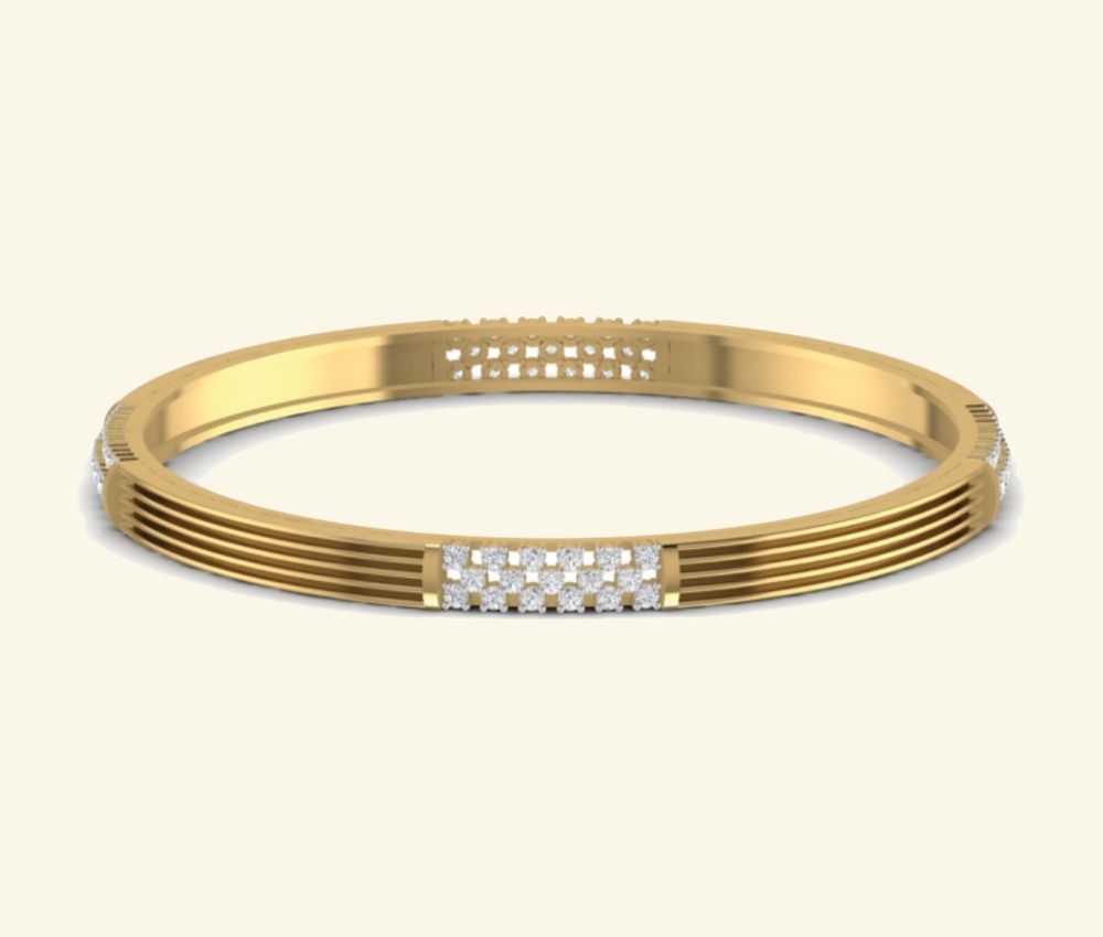 Streamlined gold bangle with centered pave diamond bar detail. — 42.72 GM gold