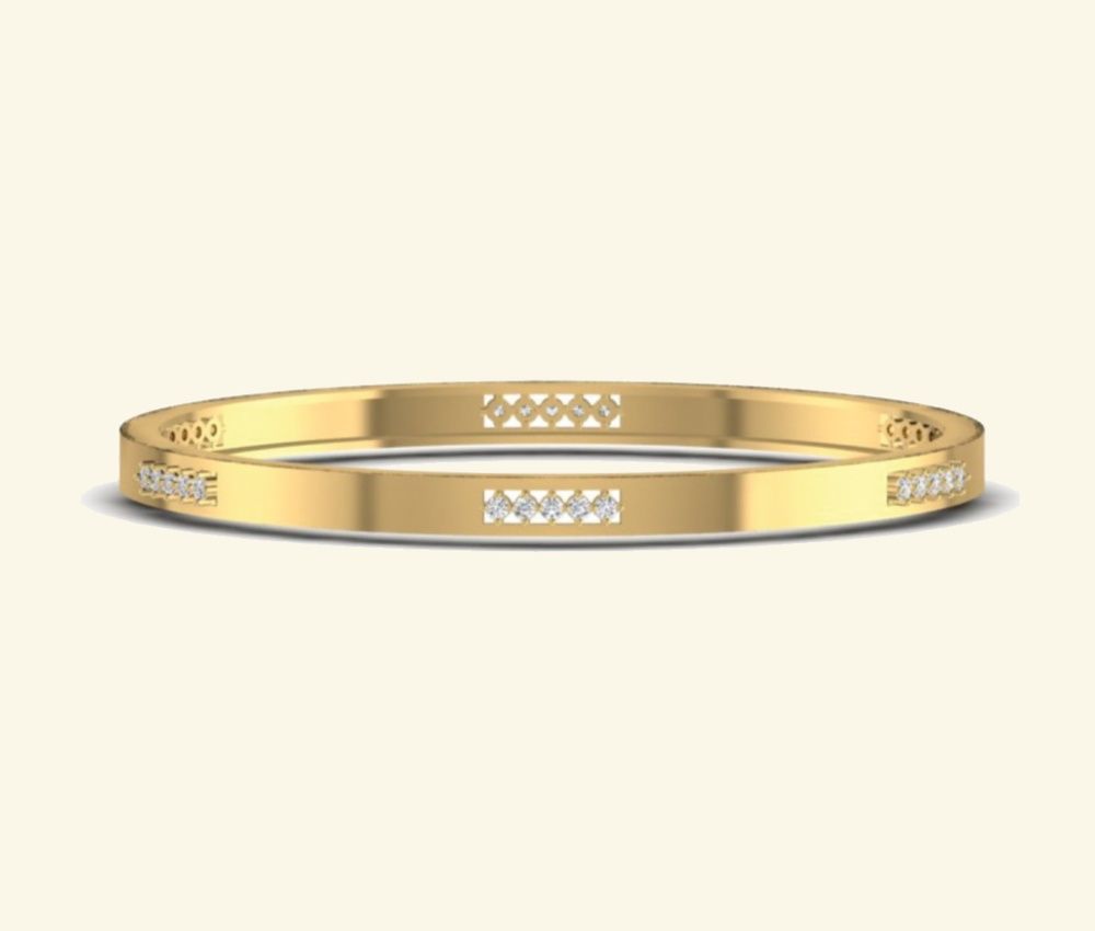 Flat gold bangle with geometric diamond stations and polished edges. — 36.8 GM gold