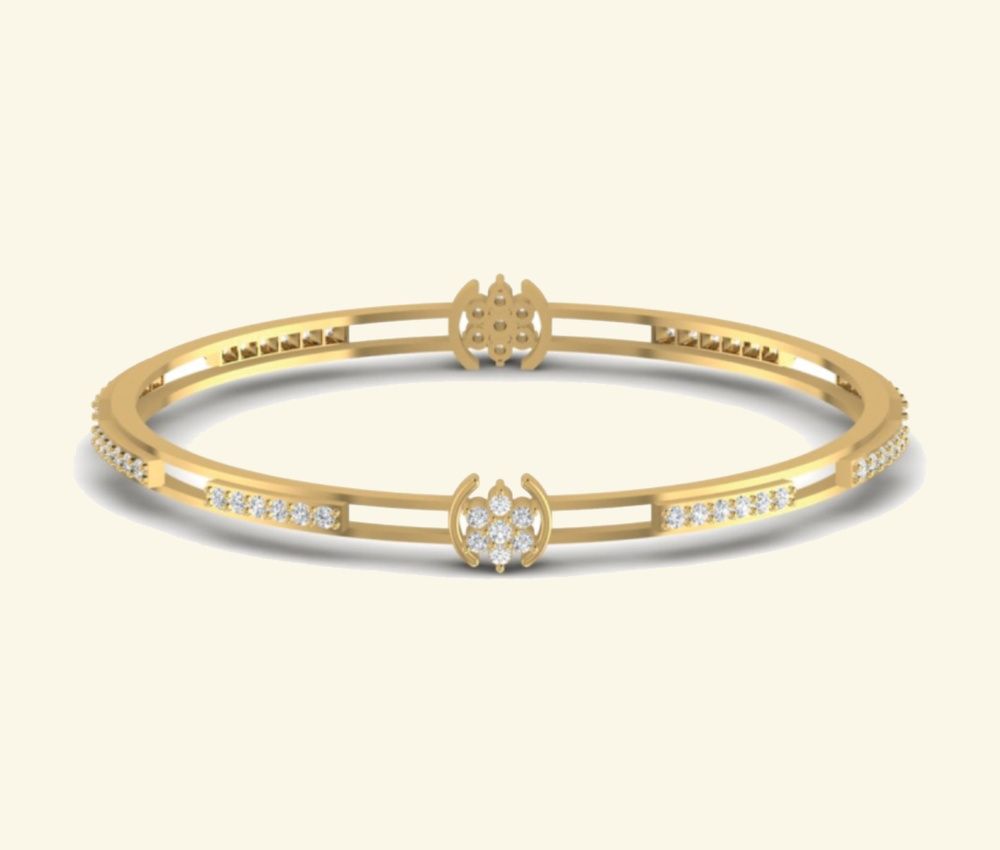 Contemporary hinged bangle with paired diamond station accents. — 27.50 GM gold