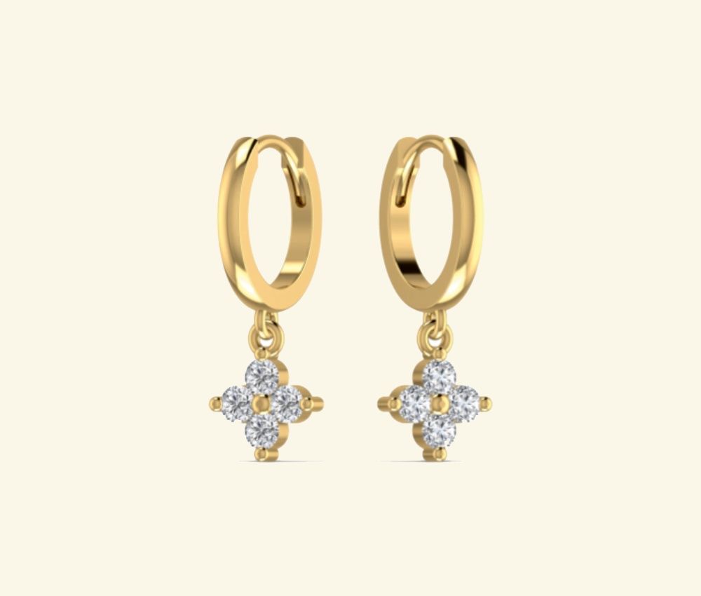 Diamond drop hoop earrings with floral cluster pendant. — 1.29 GM gold