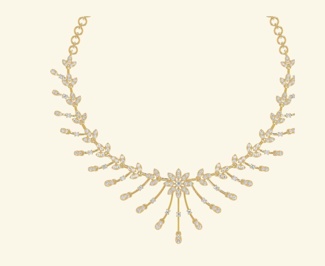 Pear-cluster diamond drop necklace with floral centerpiece. — 17.40 GM gold