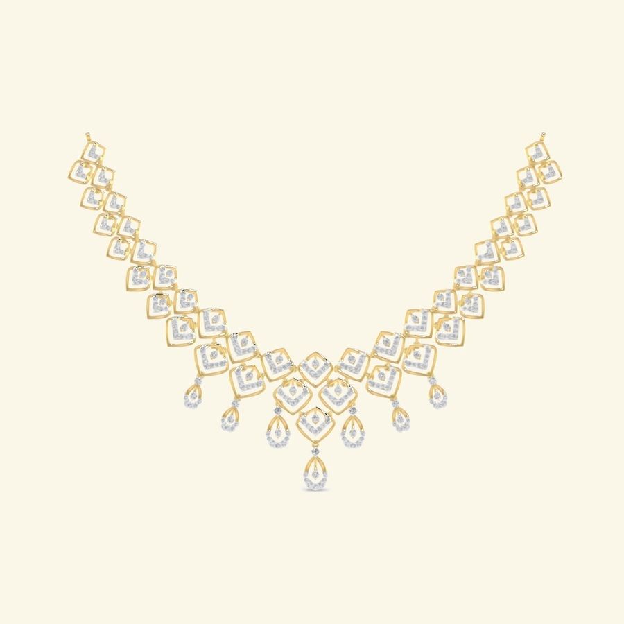 Geometric square-link diamond bib necklace. — 18.26 GM gold