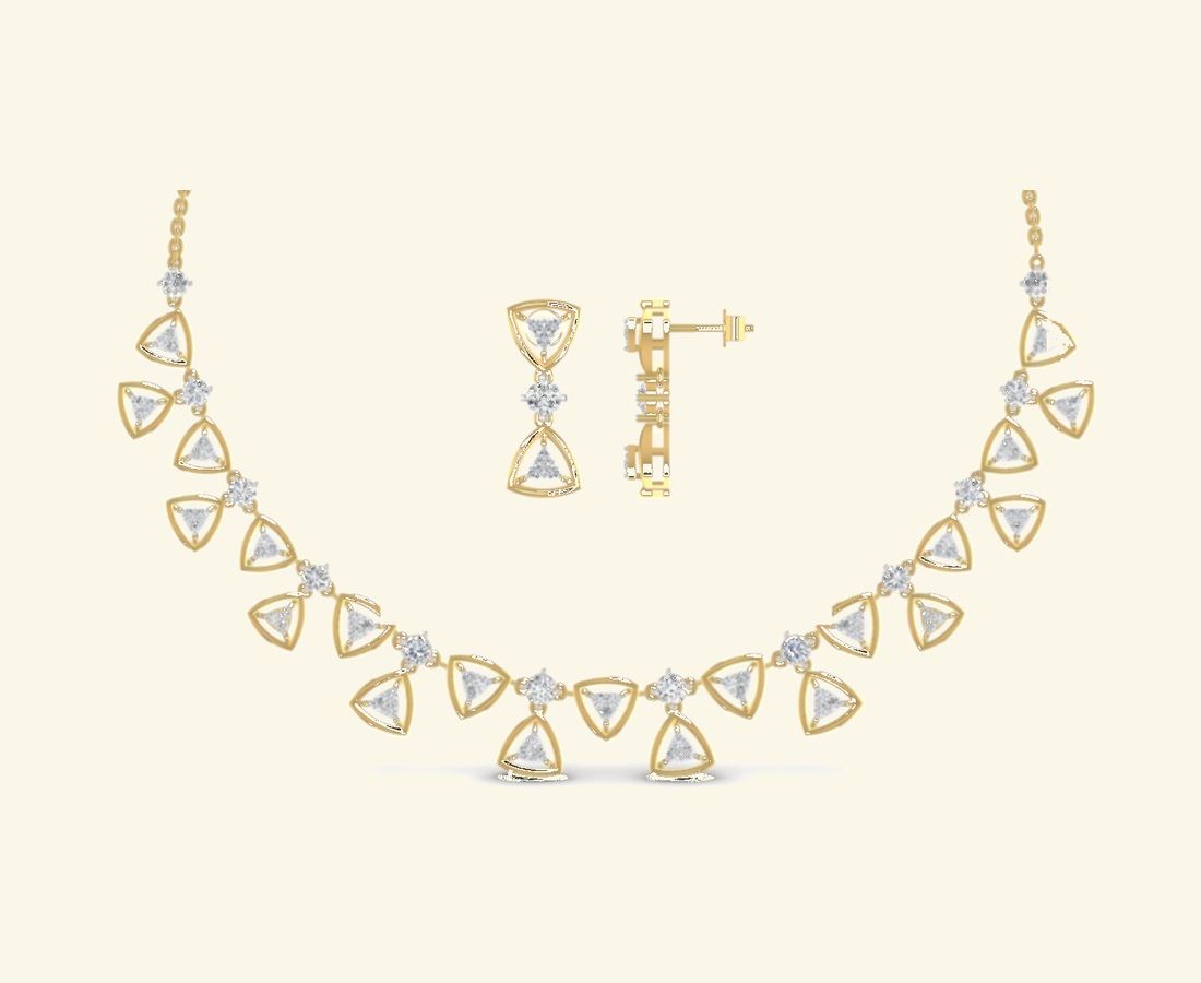 Modern diamond drop necklace with matching stud earrings. — 18.07 GM gold