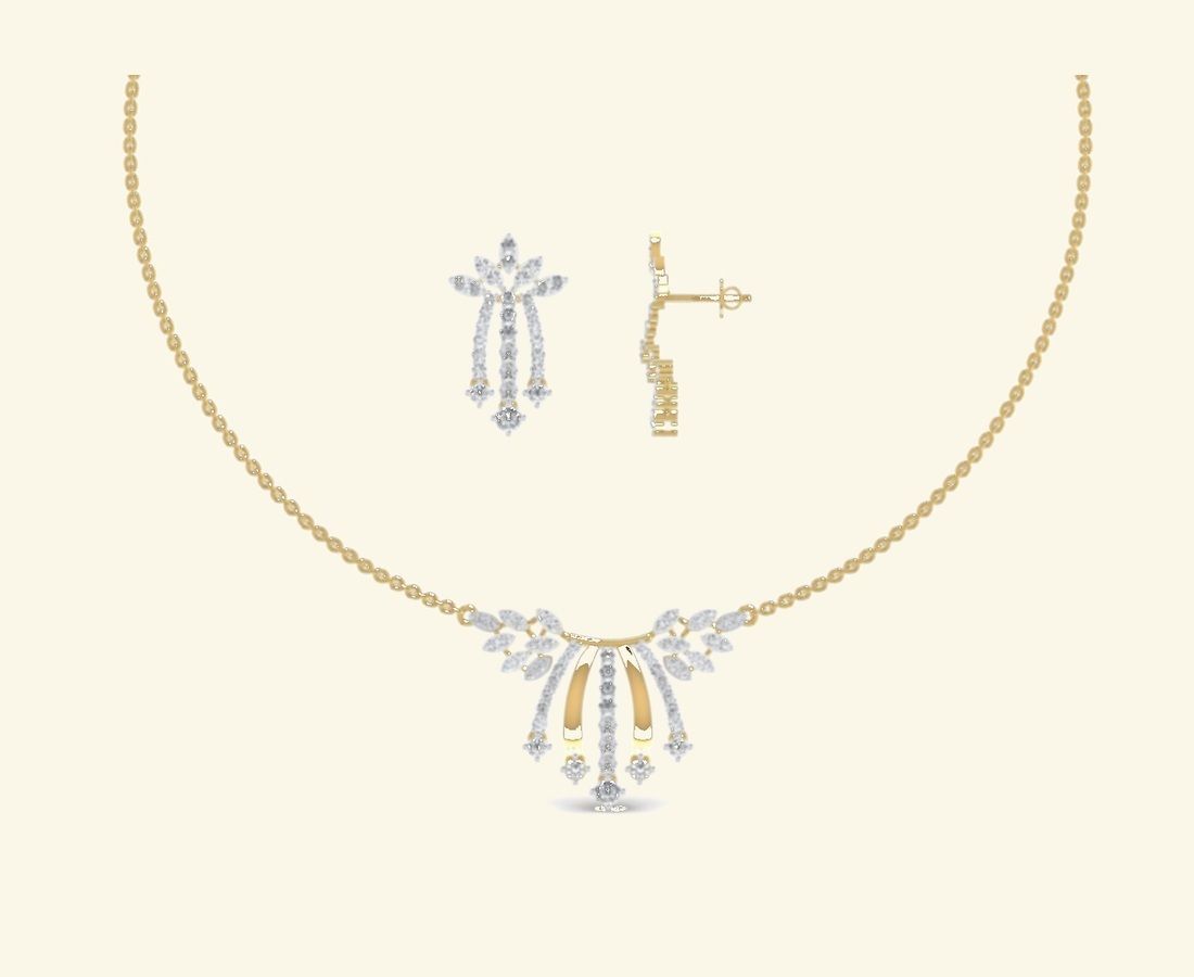 Clean V-drop diamond necklace with stud earring set. — 5.55 GM gold