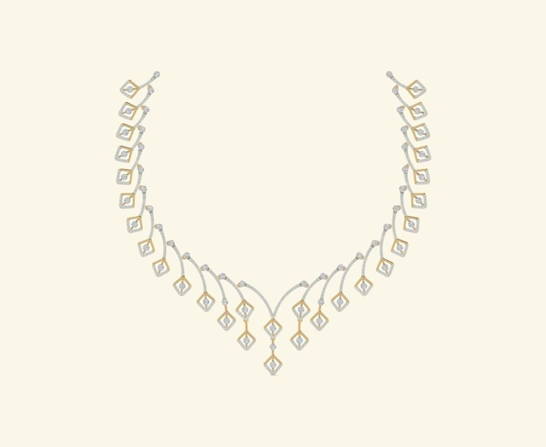 Pavé tennis statement necklace with central diamond fan. — 26.25 GM gold