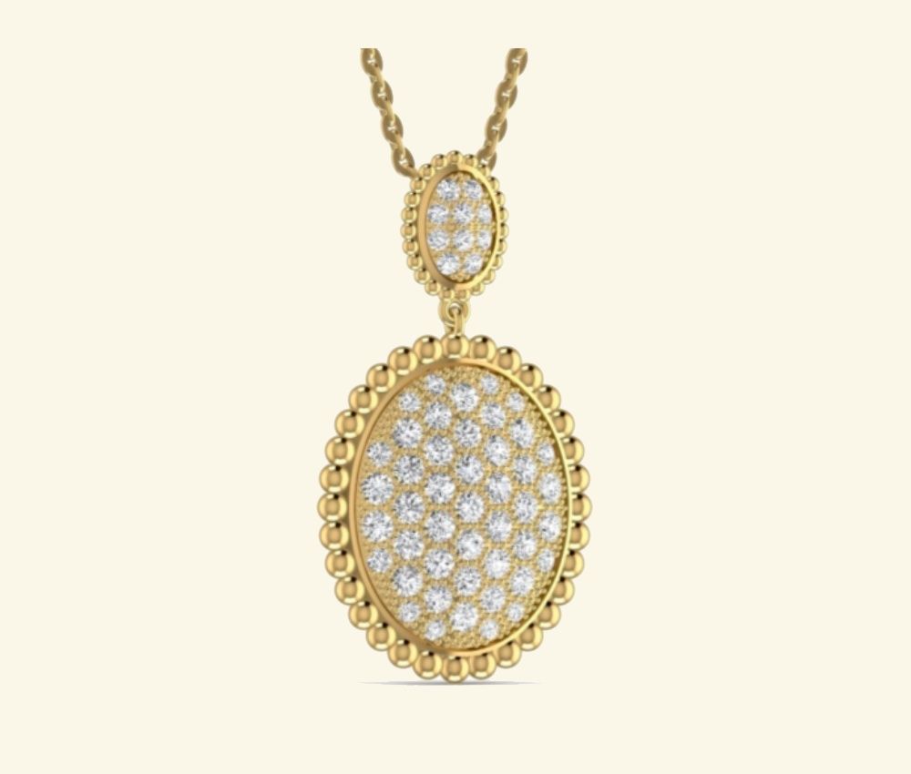 Oval halo diamond pendant with full-pavé frame. — 7.13 GM gold