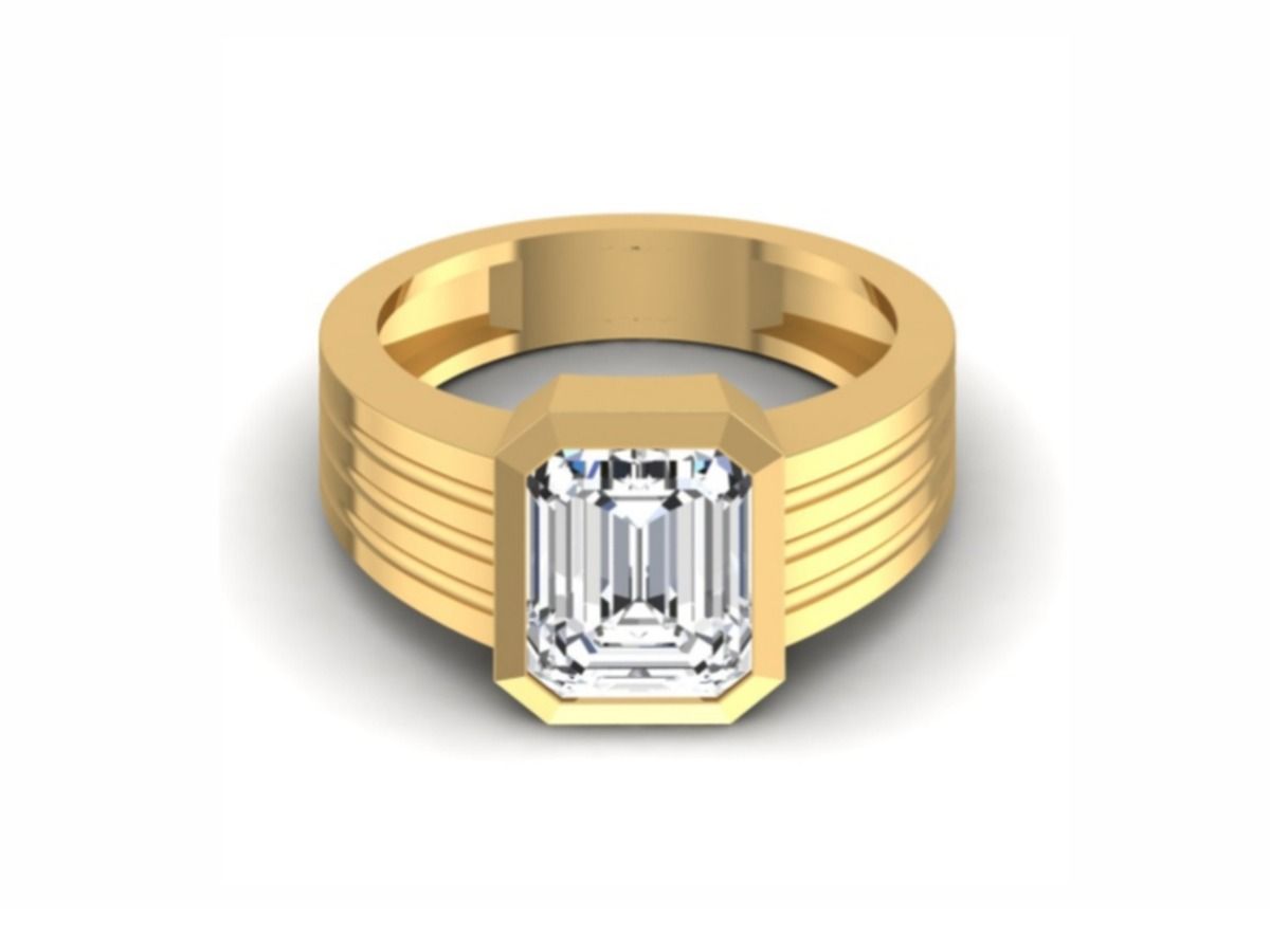 Large emerald cut bezel, ribbed architectural band — 8.60g gold
