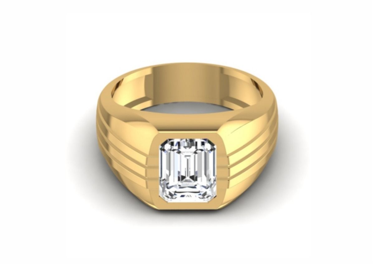 Emerald cut bezel solitaire, architectural plain band — 8.20g gold