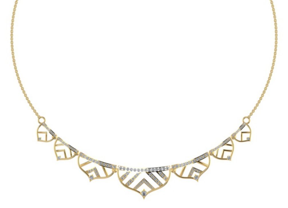 Geometric scallop bib necklace with pavé fan sections. — 10.00 GM gold