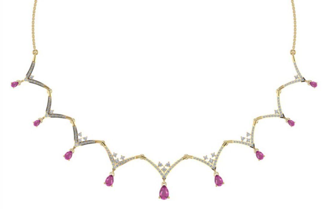 Diamond-station tennis necklace with continuous diamond run. — 13.00 GM gold