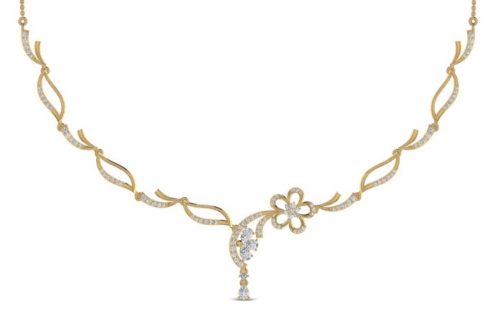 V-bib graduated diamond necklace with central drop. — 13.60 GM gold