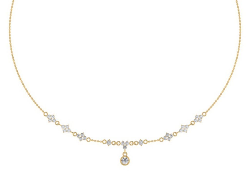 Linked floral cluster necklace with pavé station discs. — 3.35 GM gold