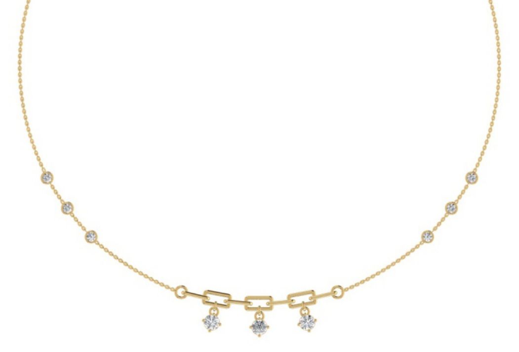 Three-station diamond necklace with prong-set rounds. — 4.37 GM gold