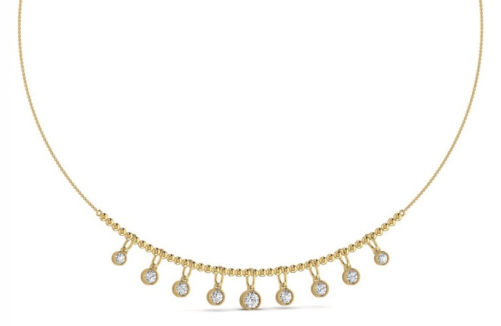 Graduated bib necklace with pavé bordered drops. — 9.47 GM gold