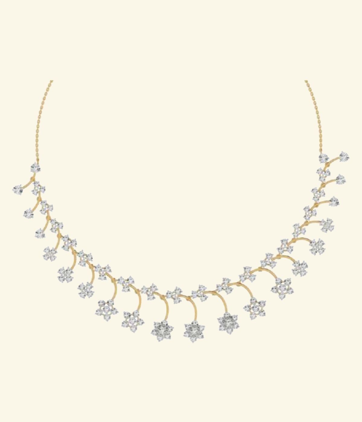 Cascading diamond floral spray necklace on twisted gold wire branch framework