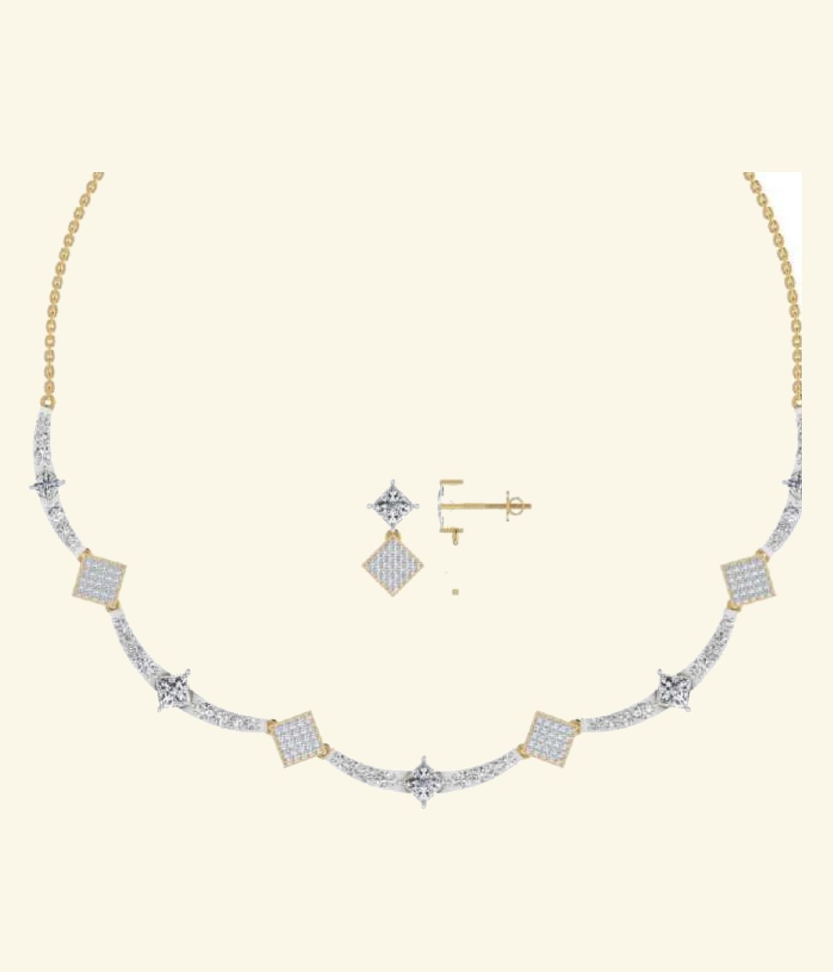 Geometric diamond station necklace with square kite-shaped diamond settings, architectural design