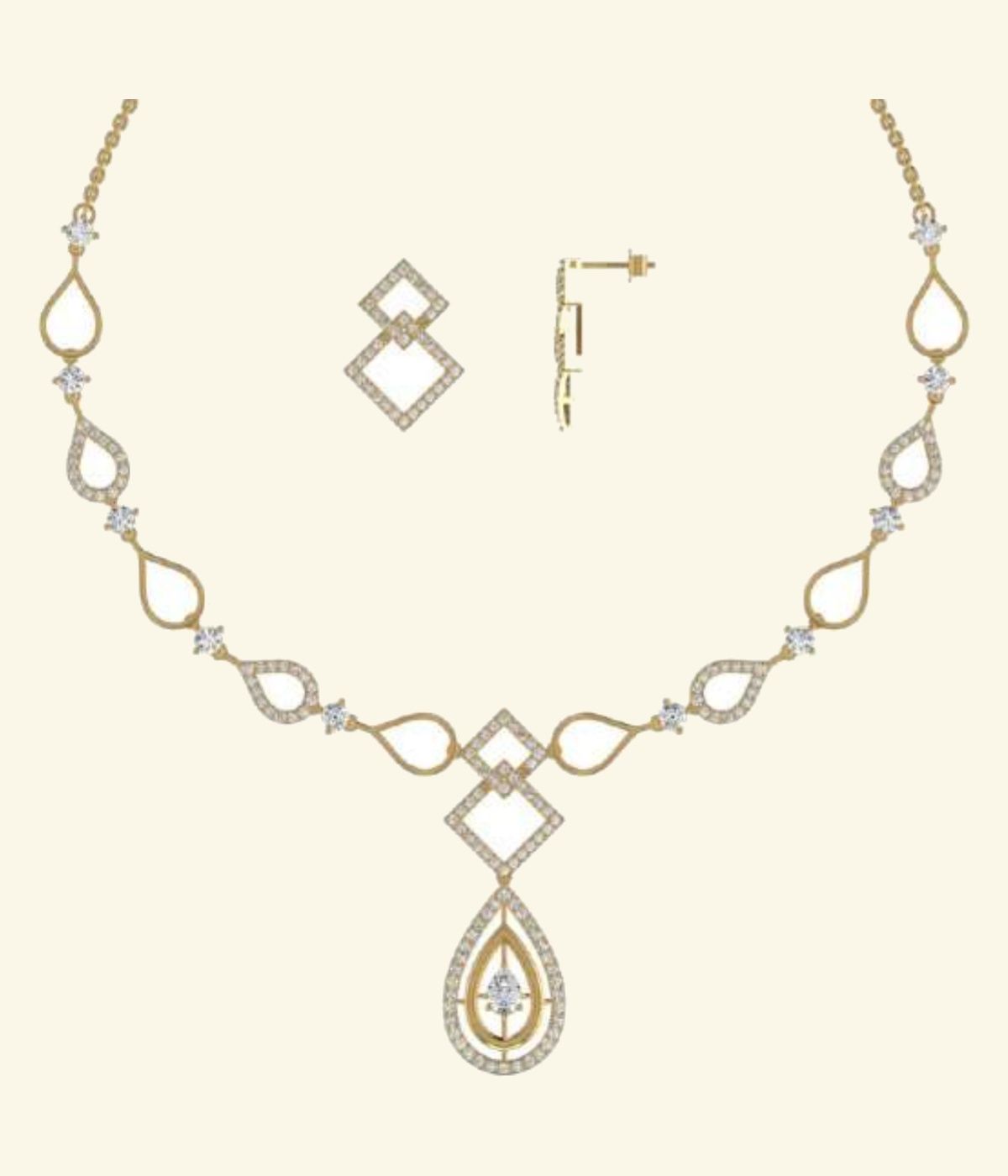 Bold geometric link necklace with diamond square frames and graduating pear pendant
