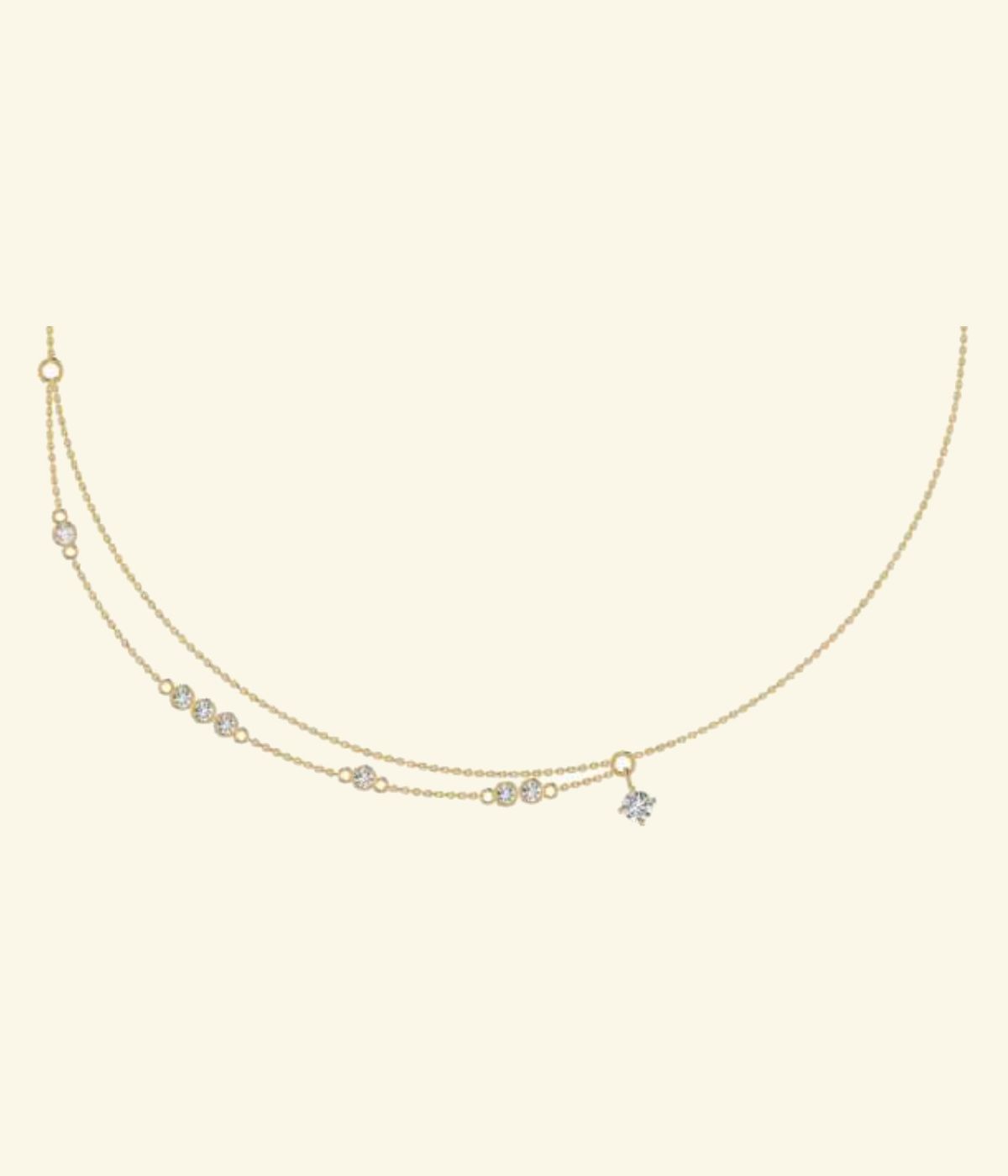 Asymmetric layered chain necklace with offset diamond-studded bar station