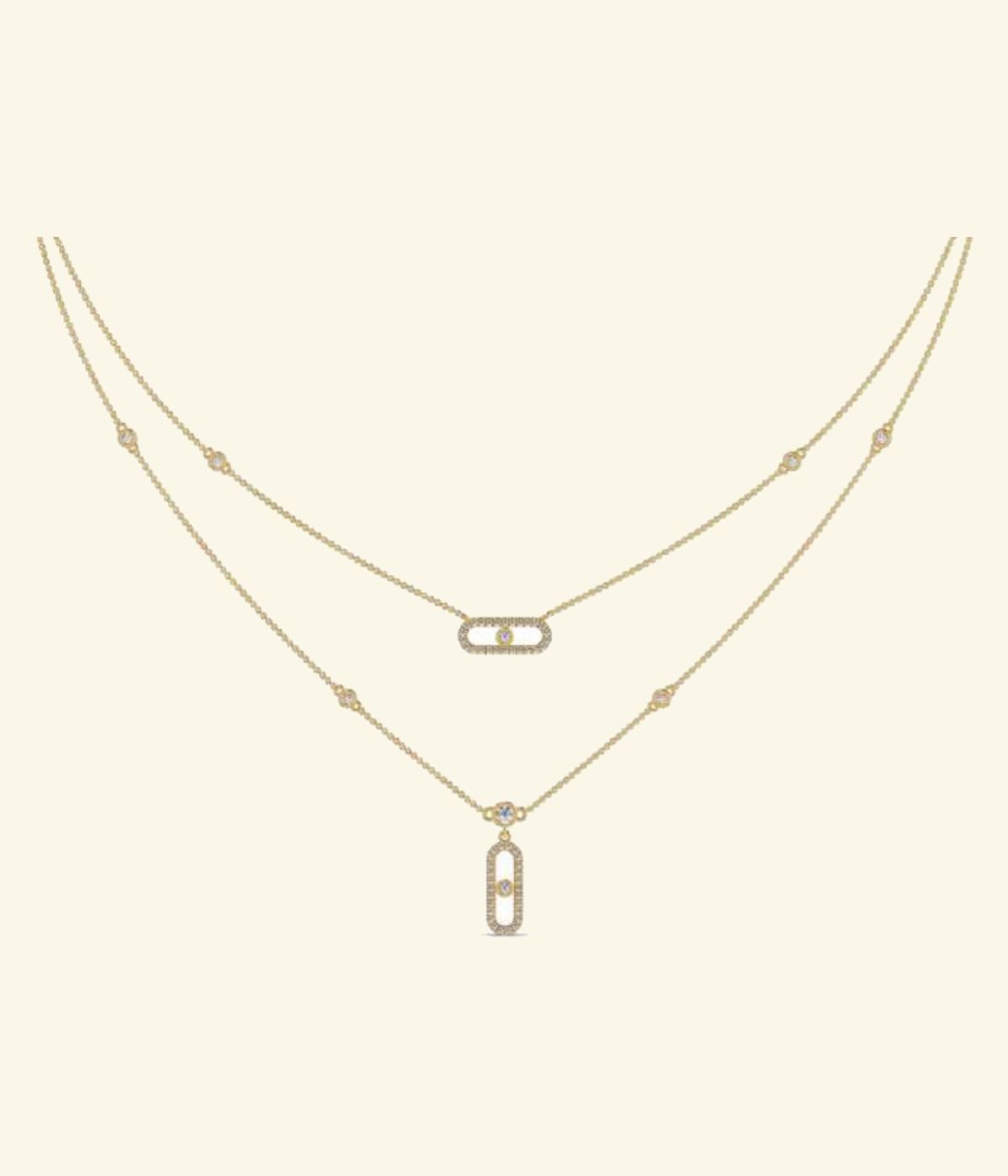 Layered double-chain necklace with rectangular diamond bar pendant drop