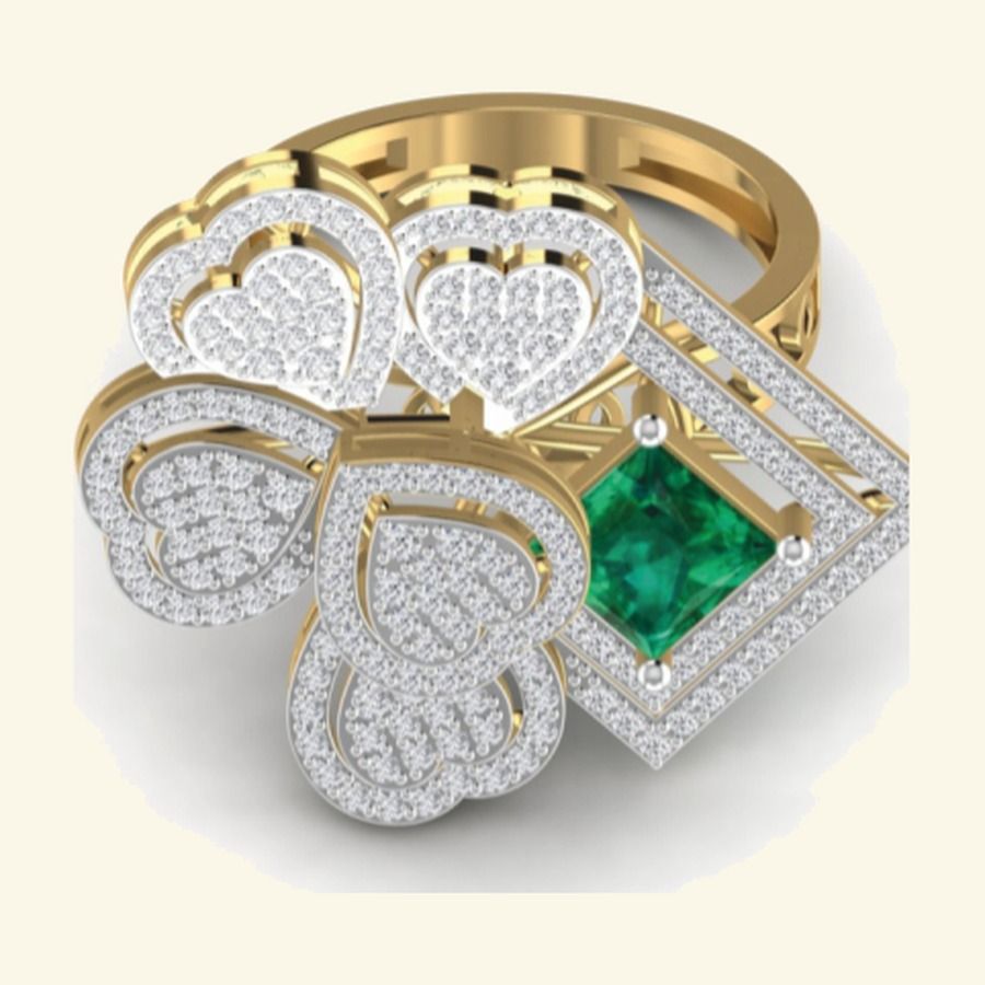 Emerald centre cocktail ring with twin-heart and pavé kite-frame shoulders. — 4.82 GM gold