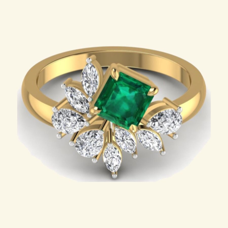 Round emerald centre with cluster pavé halo on a slim polished band. — 3.85 GM gold