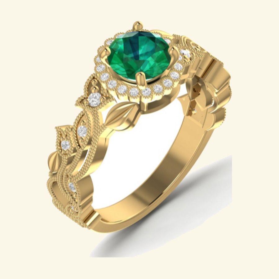 Round emerald centre with pavé halo on an engraved leaf-vine shank. — 5.51 GM gold