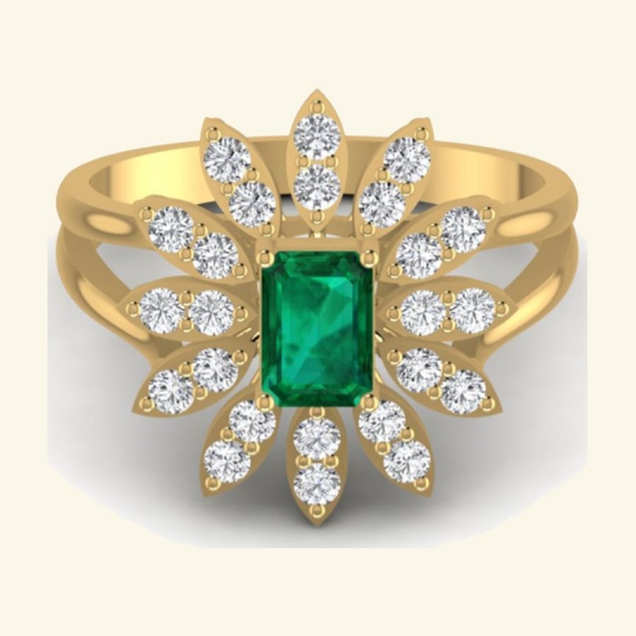 Emerald-cut emerald centre with marquise diamond petal sunburst halo. — 4.63 GM gold