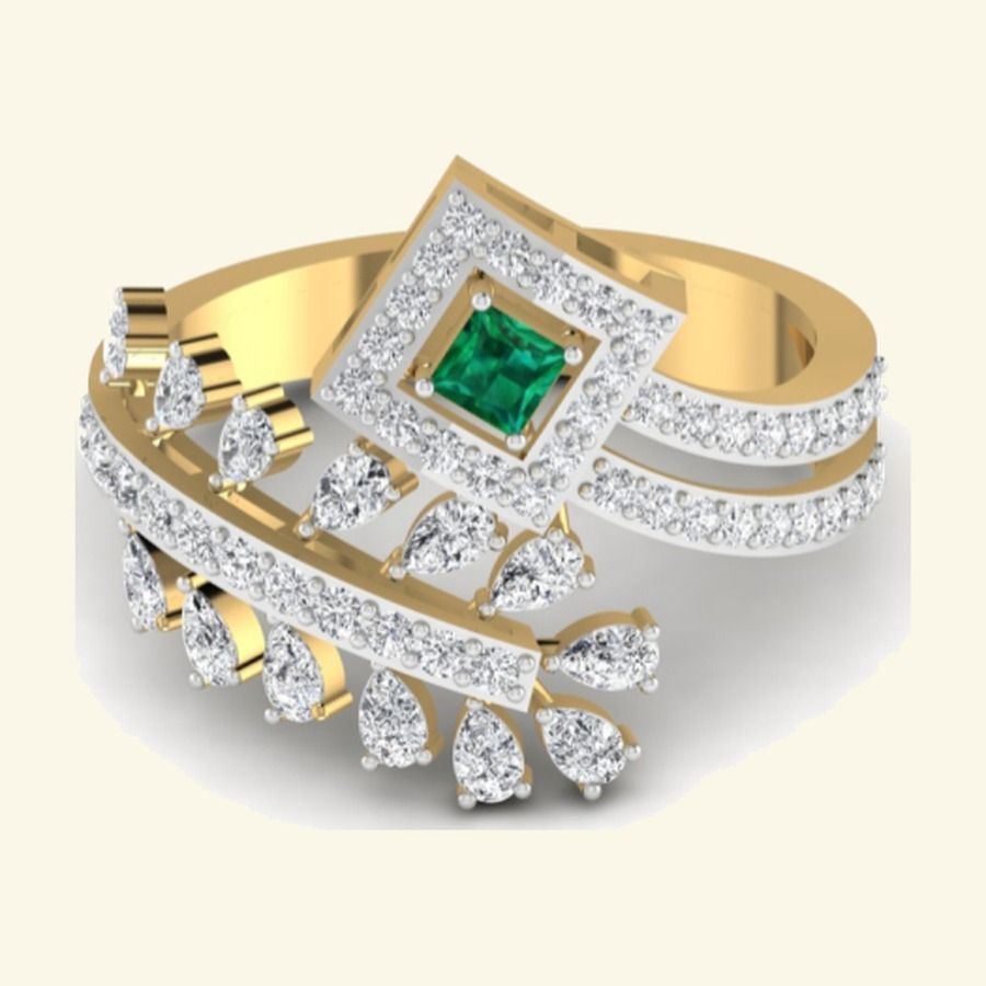 Princess-cut emerald centre with pavé tilted-square halo and pear-fringe shoulders. — 3.81 GM gold