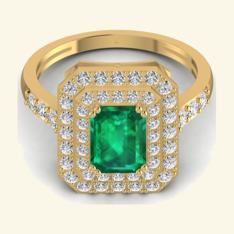 Emerald-cut emerald solitaire with stepped double diamond halo. — 3.00 GM gold
