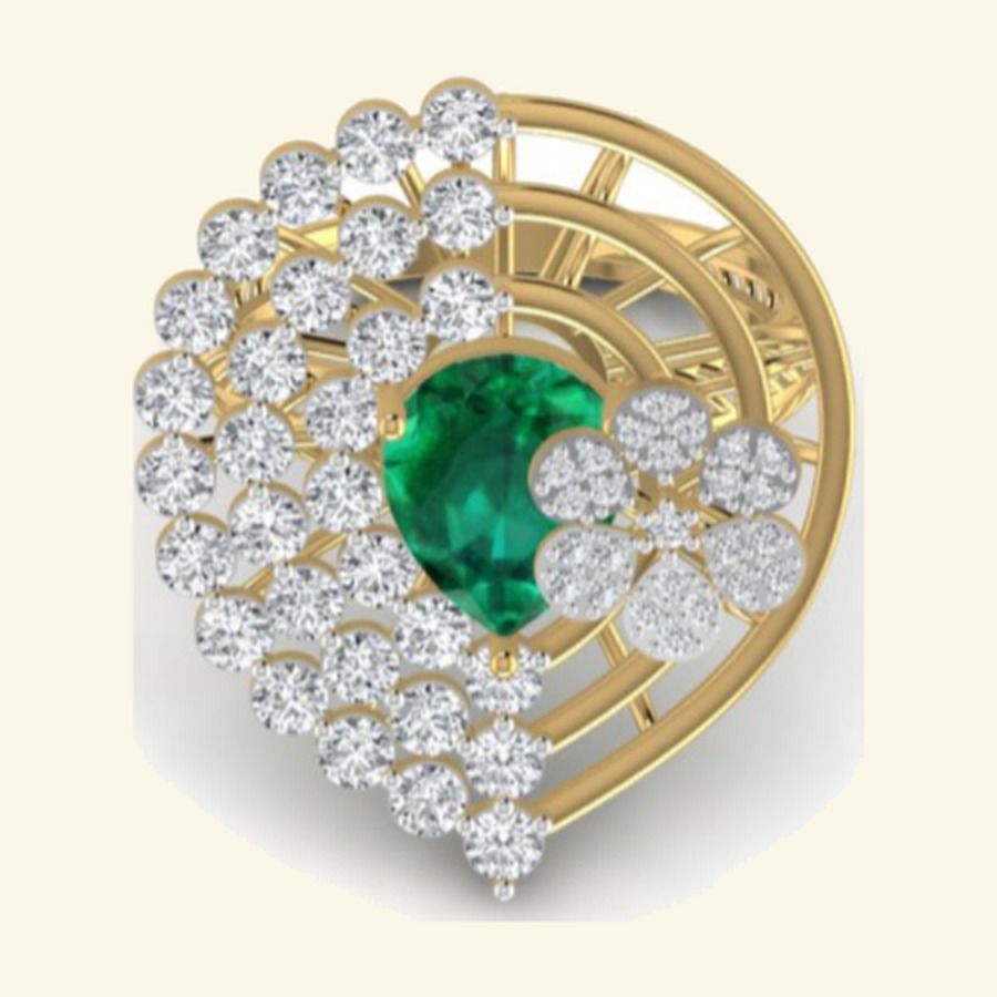 Pear emerald centre with pavé fan halo and pear-cluster shoulder spray. — 6.40 GM gold