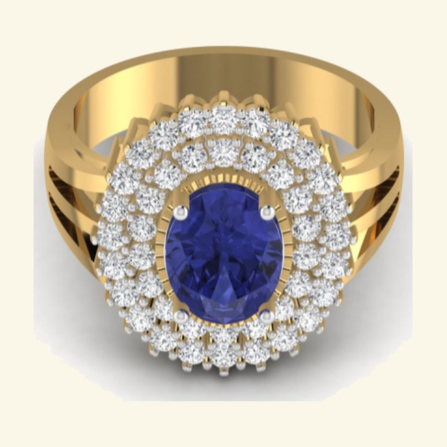 Oval blue sapphire cocktail ring with double cluster halo and split shank. — 7.00 GM gold