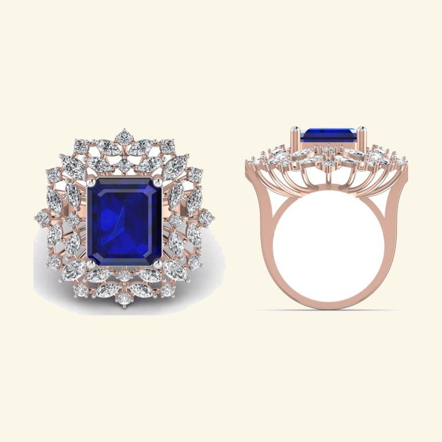 Round emerald cluster ring with floral diamond petals and pavé band. — 9.20 GM gold