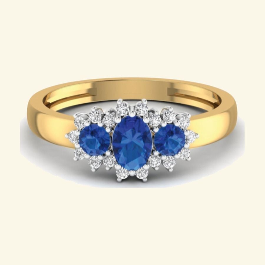 Three-stone oval sapphire trilogy ring with pavé cluster halos. — 2.10 GM gold