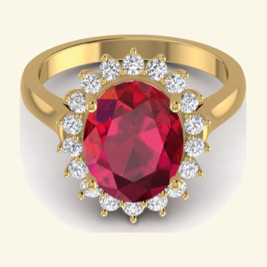 Oval ruby centre ring with classic Diana-style cluster halo. — 4.60 GM gold