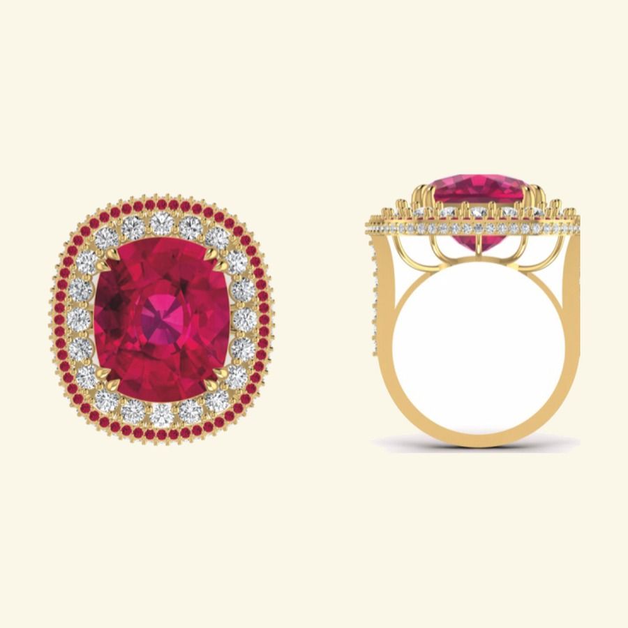 Cushion ruby centre cocktail ring with pavé scalloped halo and split shank. — 8.00 GM gold