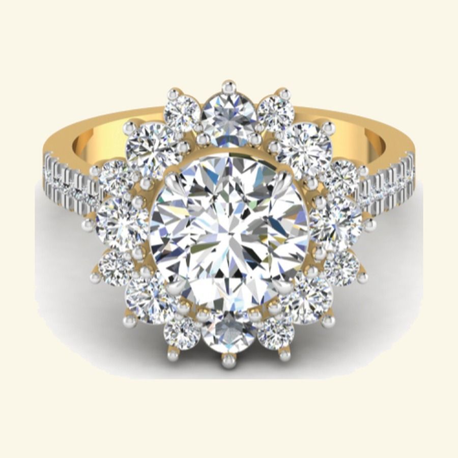 Round diamond solitaire flanked by sunburst diamond petals and pavé shoulders. — 5.43 GM gold