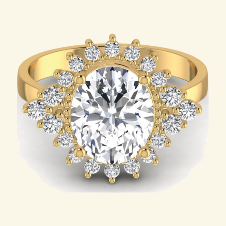 Emerald-cut diamond ring with cluster pavé halo and tapered shoulders. — 5.11 GM gold