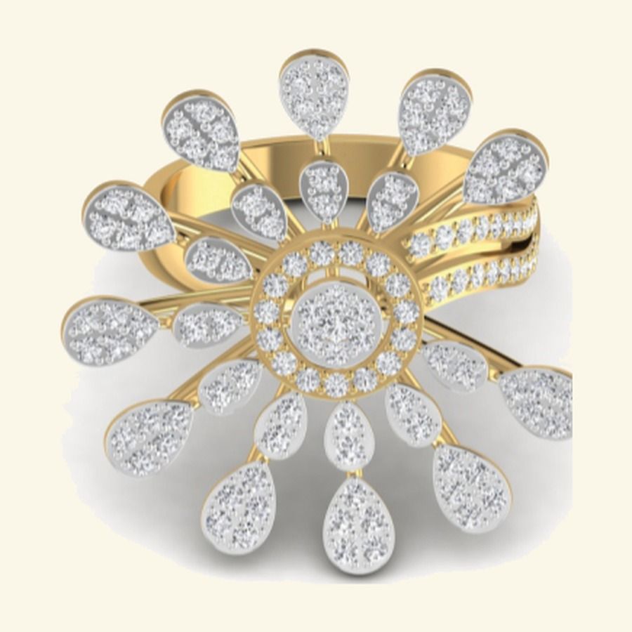 Round emerald cluster ring with floral pavé crown and pavé side stations. — 6.82 GM gold