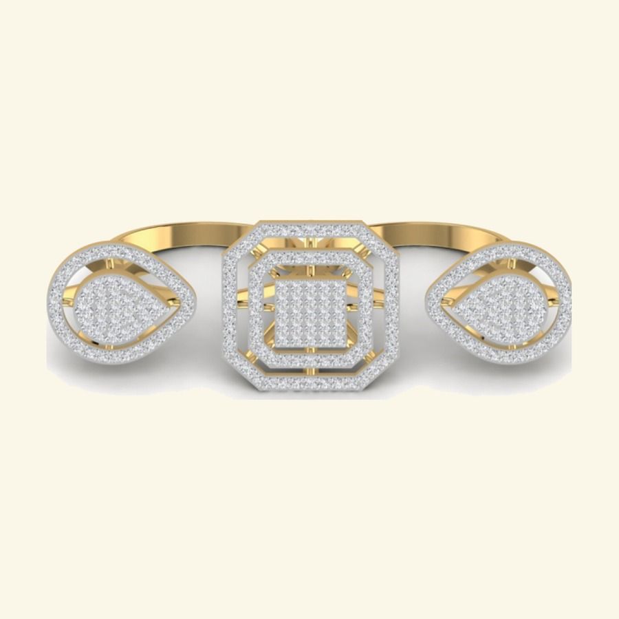 Emerald-cut emerald centre with diamond starburst halo and three-stone shoulders. — 8.96 GM gold