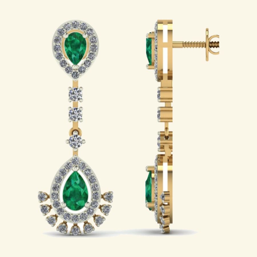 Pear emerald drop earrings with diamond halo and pavé bar suspension. — 3.30 GM gold