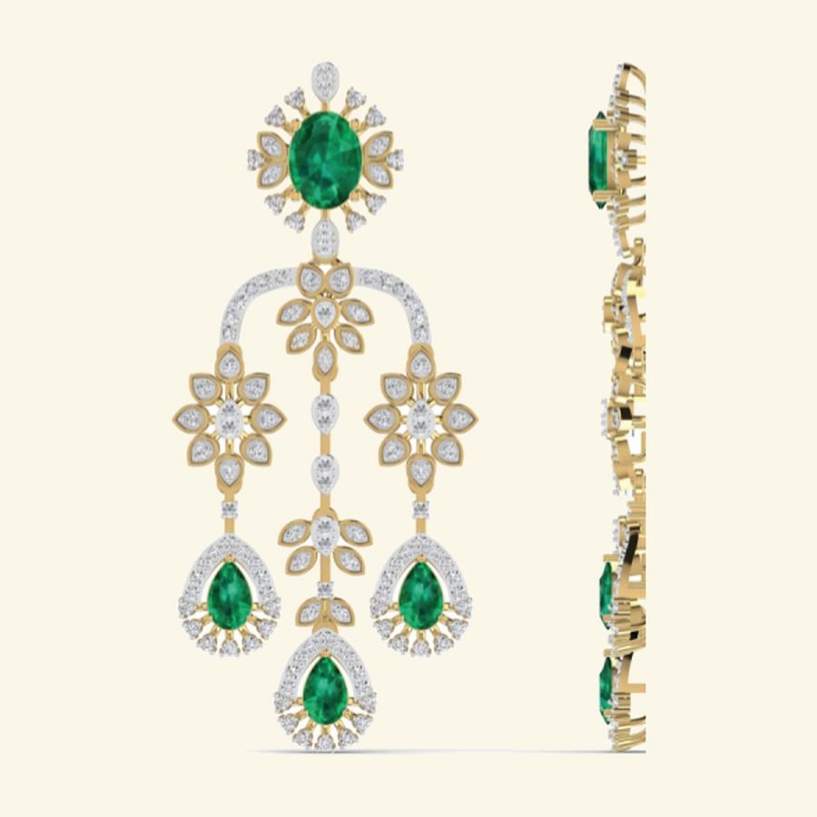 Chandelier earrings with emerald accents, pavé arches and pearl drops. — 14.00 GM gold
