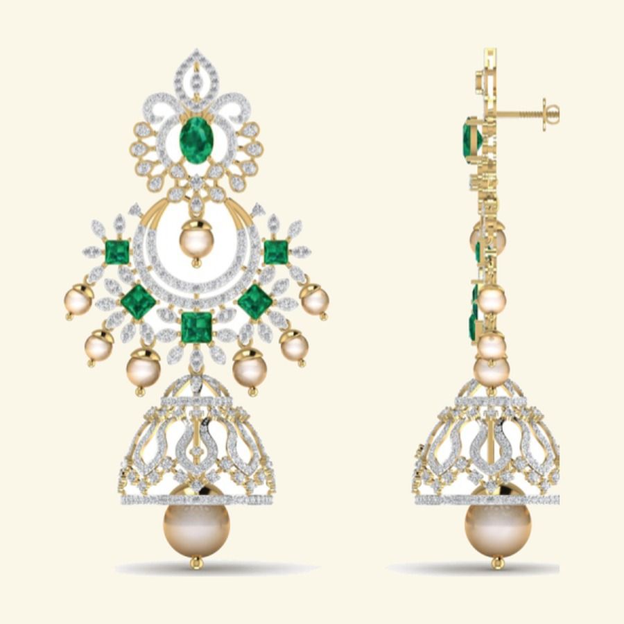 Bridal jhumka earrings with emerald square stations, diamond petals and pearl bells. — 29.78 GM gold