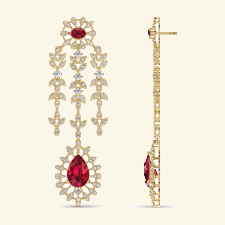 Long bridal drop earrings with multi-tier diamond cascade and pearl pendulums. — 20.54 GM gold