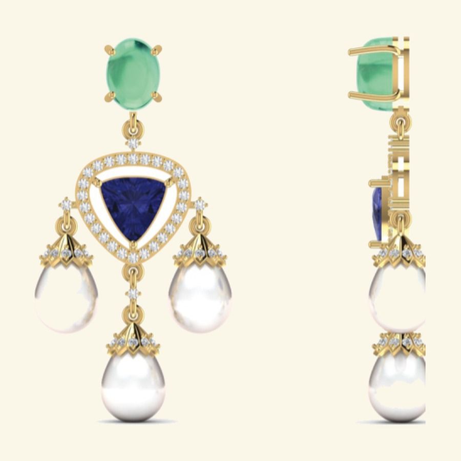Drop earrings with cushion emerald centre and pear diamond fringe. — 5.30 GM gold