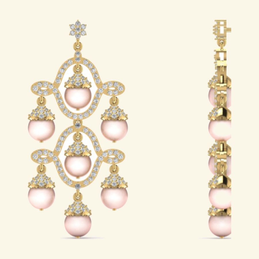 Chandelier pearl drop earrings with diamond scrollwork frames. — 12.00 GM gold