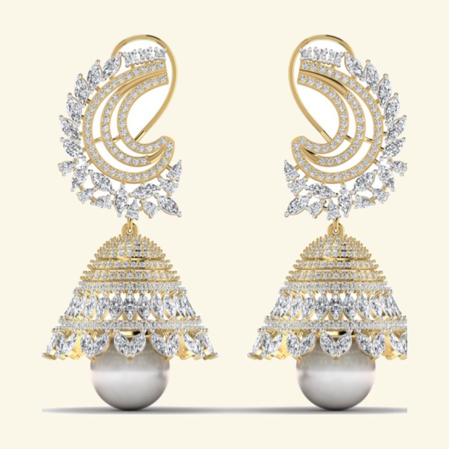 Statement chandelier earrings with diamond fan top and pear cascade drops. — 25.80 GM gold