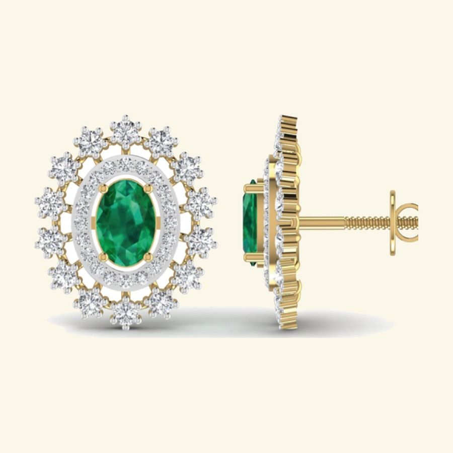 Round emerald cluster studs with floral pavé halo and bordered crown. — 4.63 GM gold
