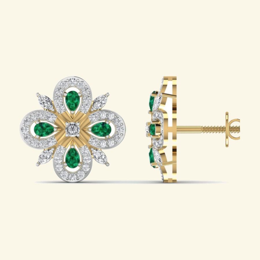 Round emerald drop earrings with pavé sunburst halo and slim bar suspension. — 4.02 GM gold