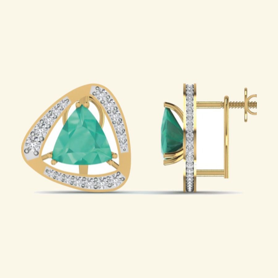Trillion emerald cluster studs with diamond halo and pavé corner setting. — 4.49 GM gold