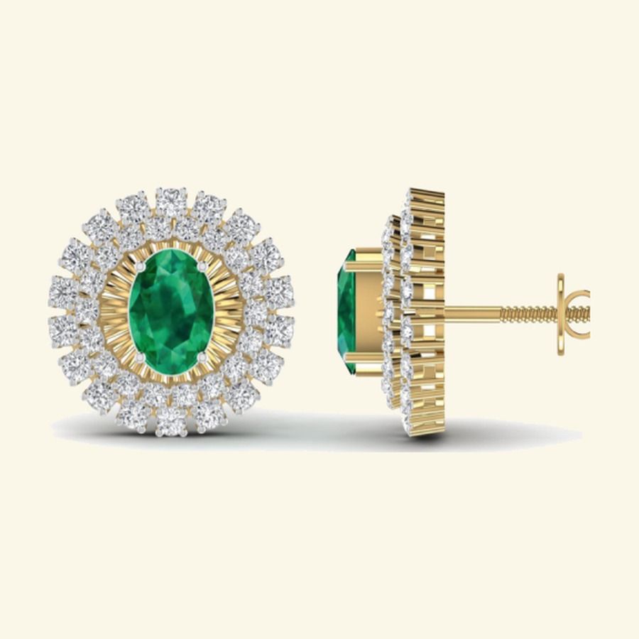Cushion emerald centre studs with double sunburst diamond halo. — 6.40 GM gold